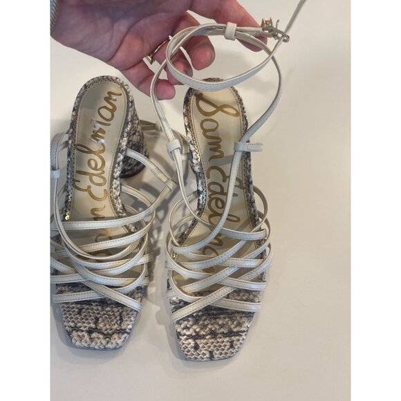 Sam Edelman Ivory Snakeskin Print Strappy Heeled Sandals With Ankle Straps - Picture 3 of 4